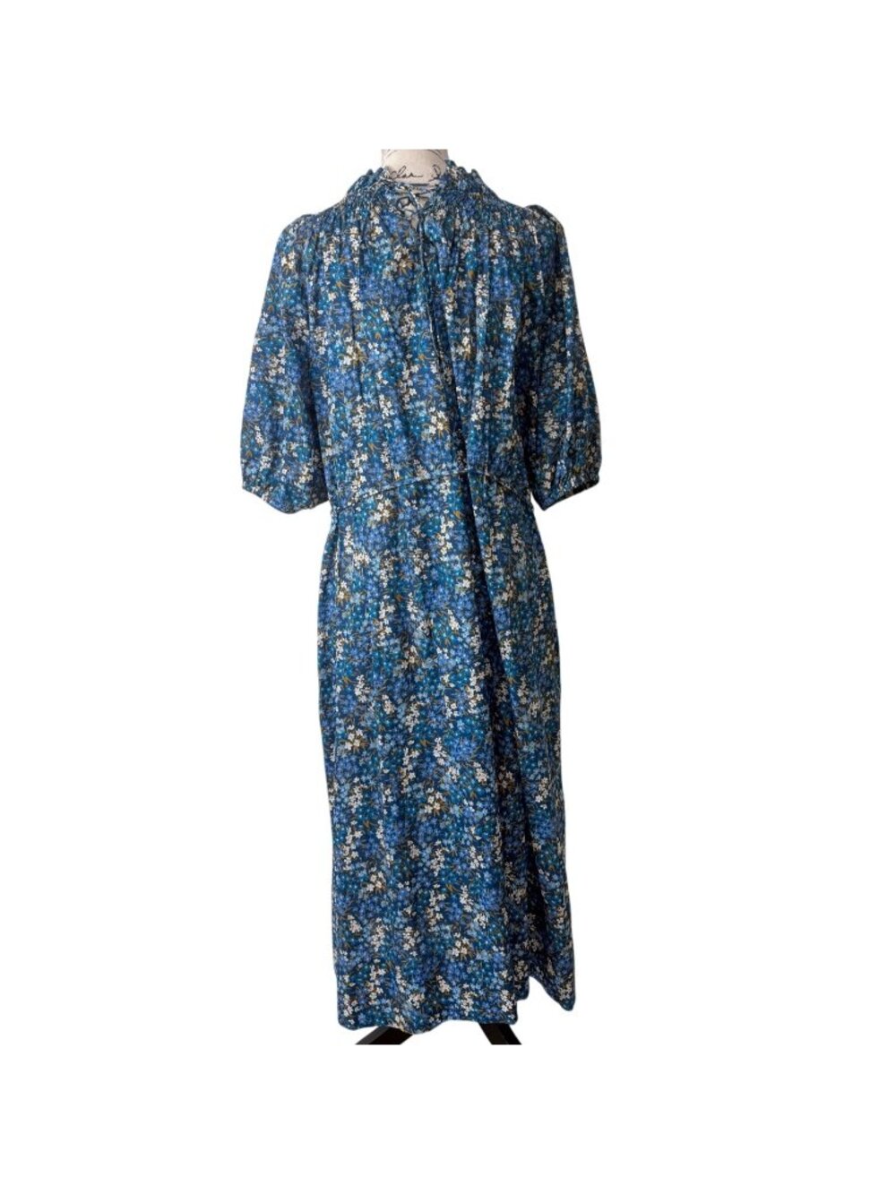 J. Crew Women Size L Dress Liberty Fabric Blue Floral Smocked Puff-Sleeve Cotton - Picture 3 of 8